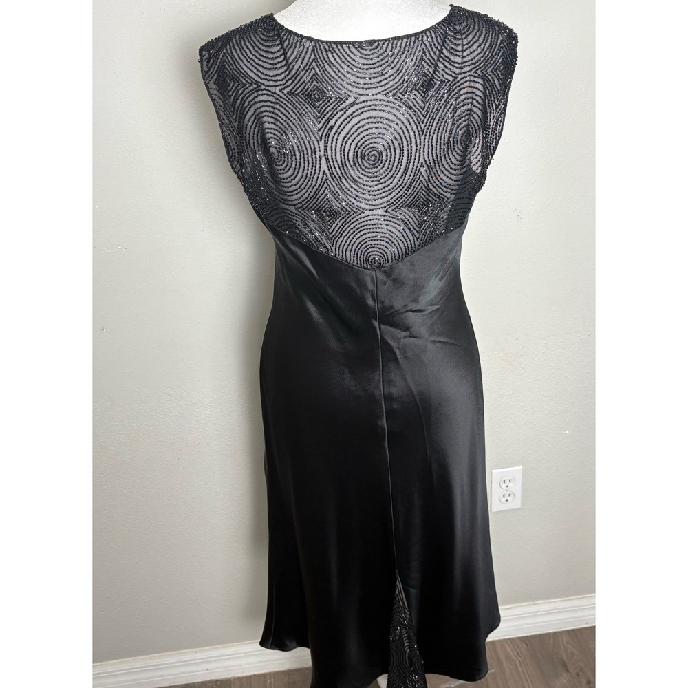 Jones New York Dress Womens 8 Black Satin Beaded Mesh Sheer Back Midi Cocktail - Picture 5 of 9